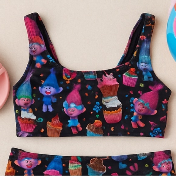 NWT Zara Terez Girls Trolls on Cupcakes print Sports Bra Swim/Exercise Top sz 16 - Picture 1 of 8